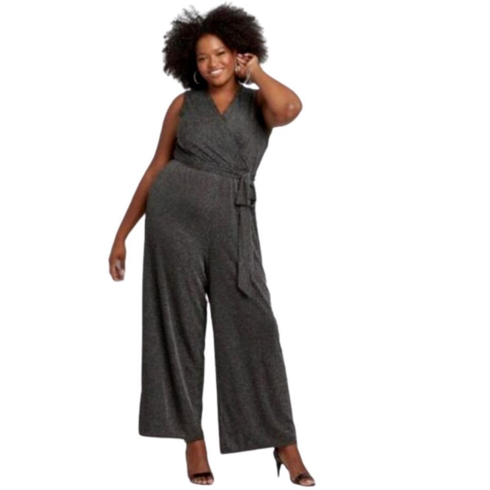 Lane Bryant Jumpsuit Romper NWT 18 / 20 Black Metallic Silver Stripes Tie Belt